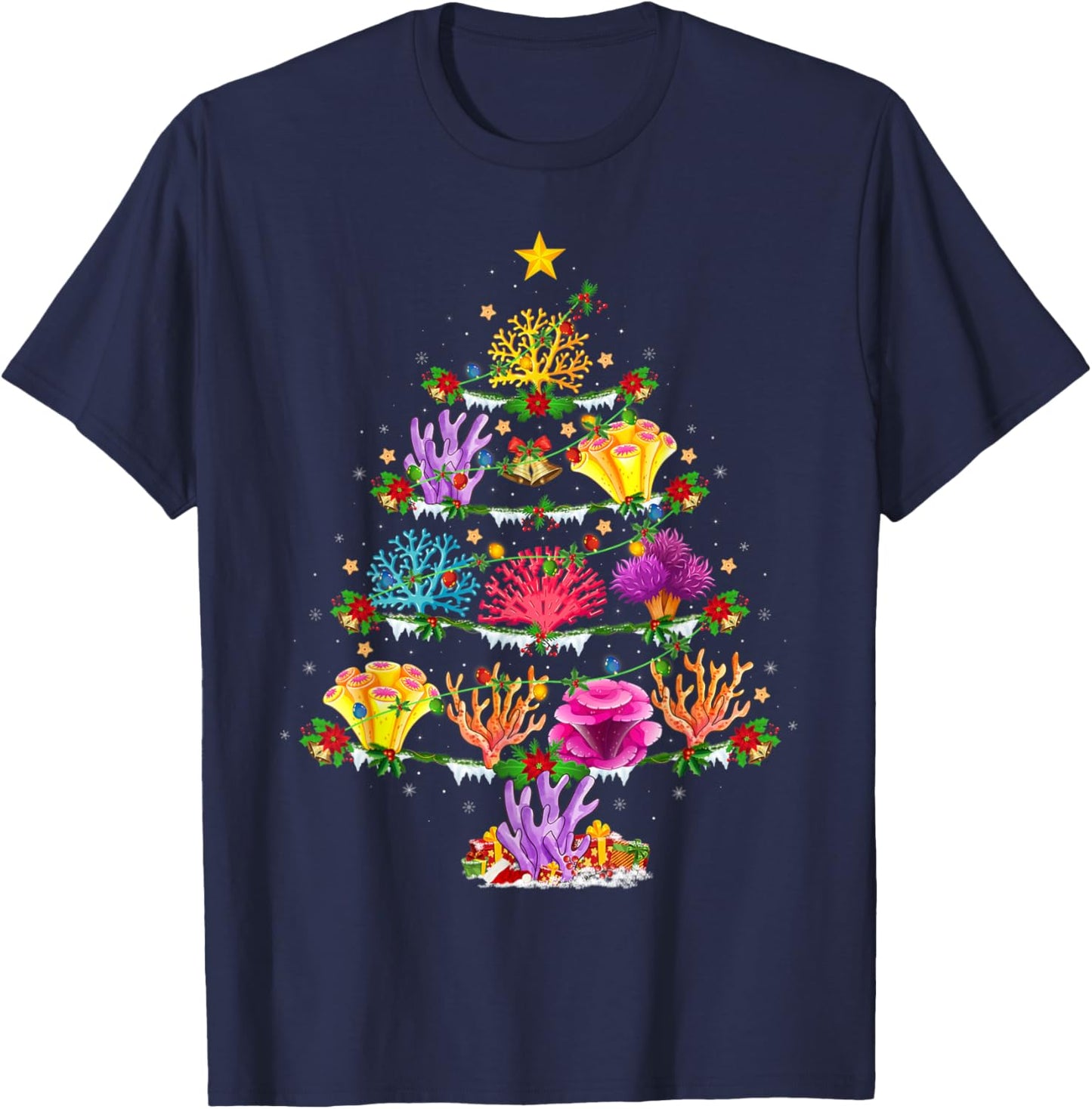 Coral Fish Lover Xmas Lights Coral Christmas Tree T-Shirt - T-Shirt | Navy