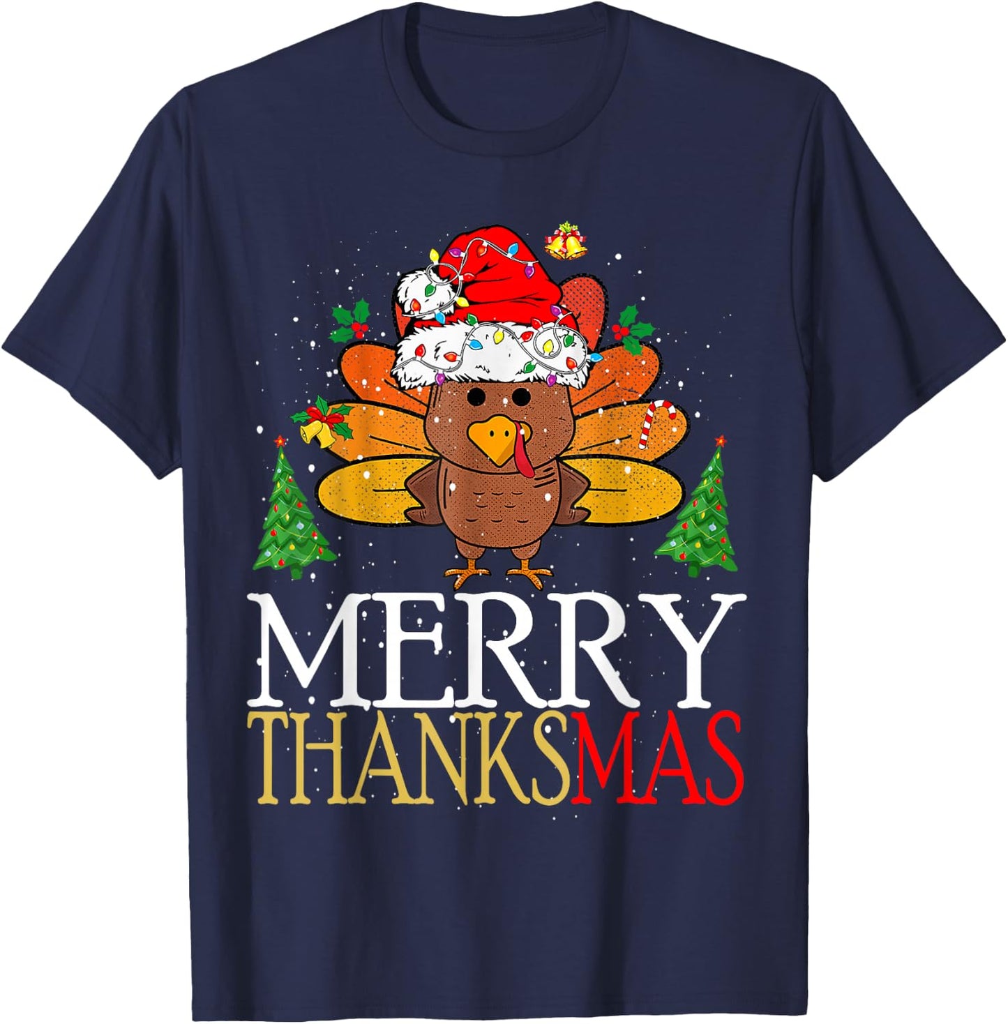Merry Thanksmas Happy Thanksgiving Santa Turkey T-Shirt - T-Shirt | Navy