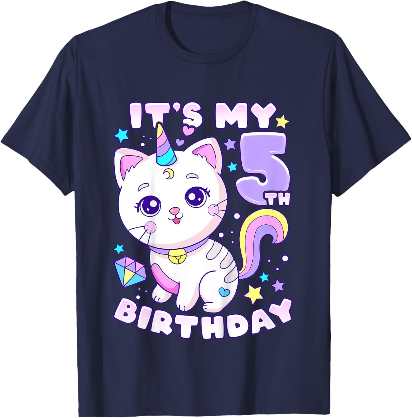 Birthday girl 5 years old, cat, unicorn, 5th birthday T-Shirt - T-Shirt | Navy