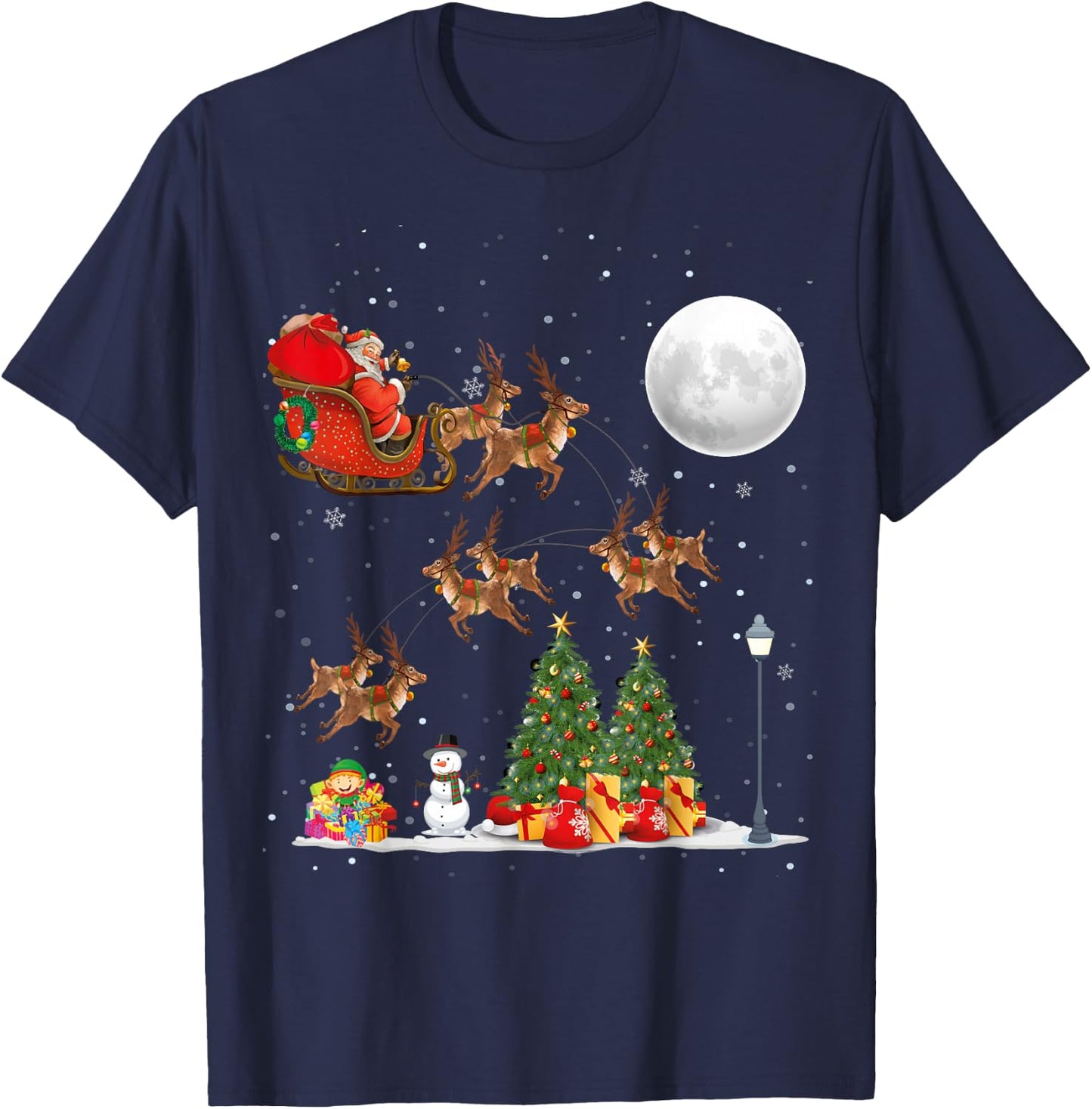 Xmas Tree Lighting Santa Riding sleigh deer Christmas T-Shirt - T-Shirt | Navy