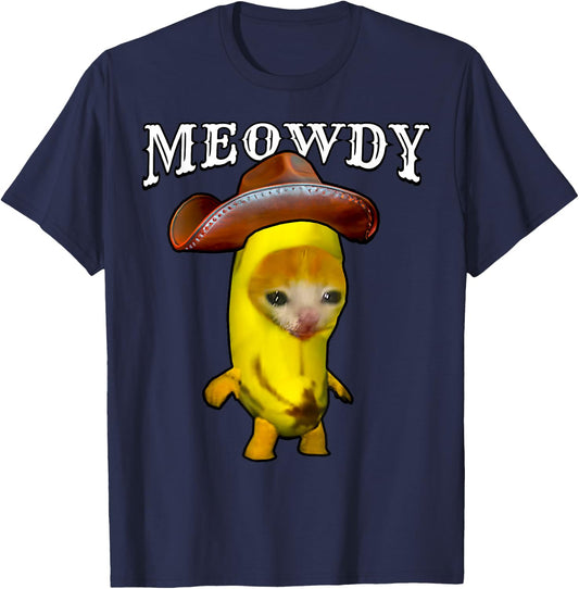 Meowdy Cowboy Cat Happy Banana Cat Meme Cowboy Hat Kitty T-Shirt - T-Shirt | Navy