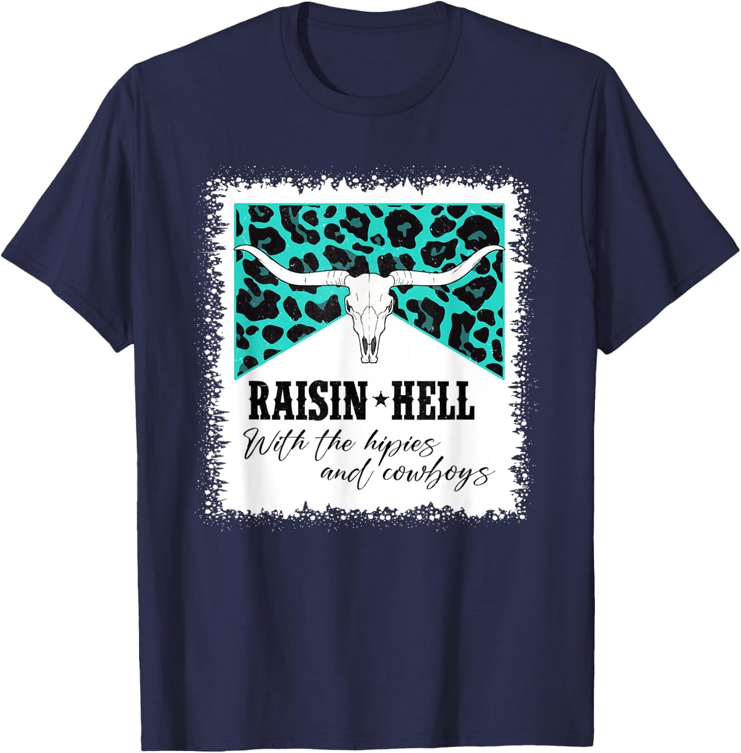 Raising Hell With The Hippies And Cowboys Leopard Bleached T-Shirt - T-Shirt | Navy