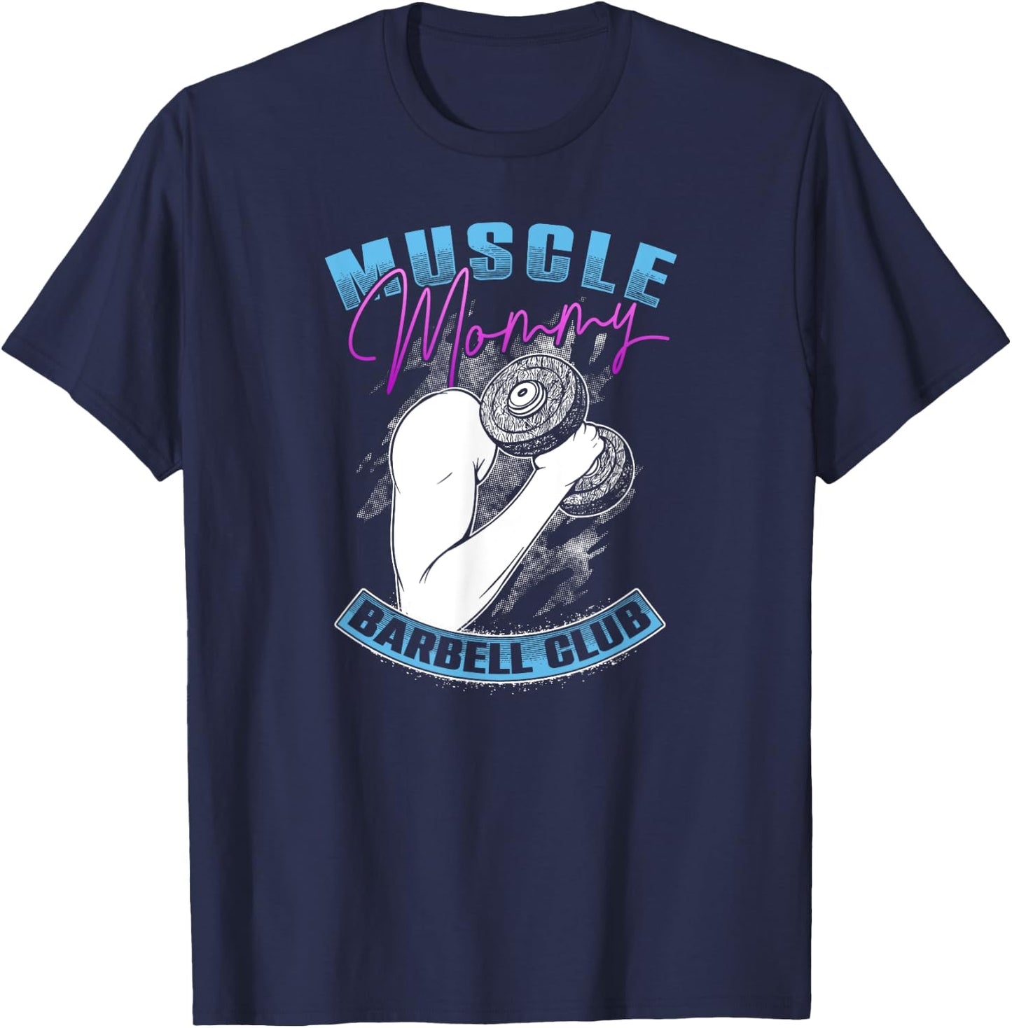 Retro Blue Pink Muscle Mommy Barbell Lifting Club T-Shirt - T-Shirt | Navy