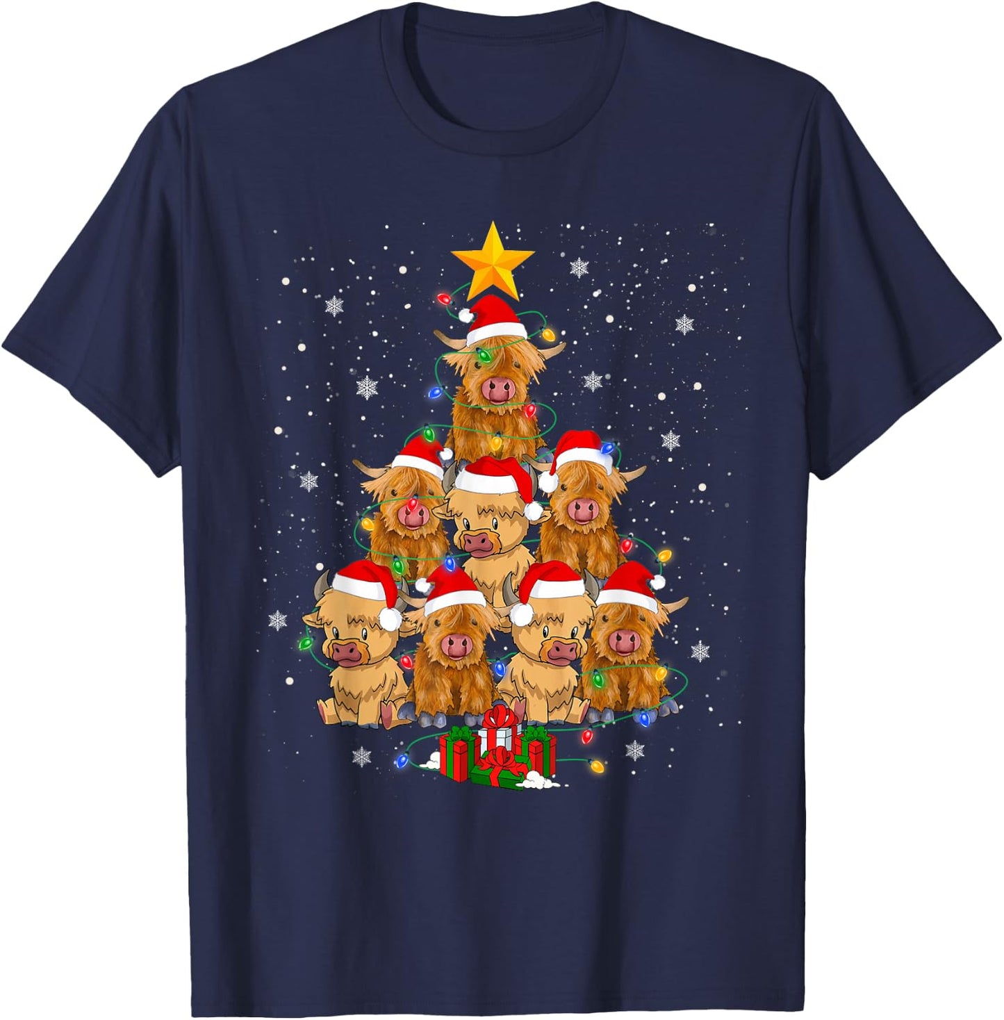 Scottish Highland Cow Christmas Tree Funny Cow Lover Xmas T-Shirt - T-Shirt | Navy