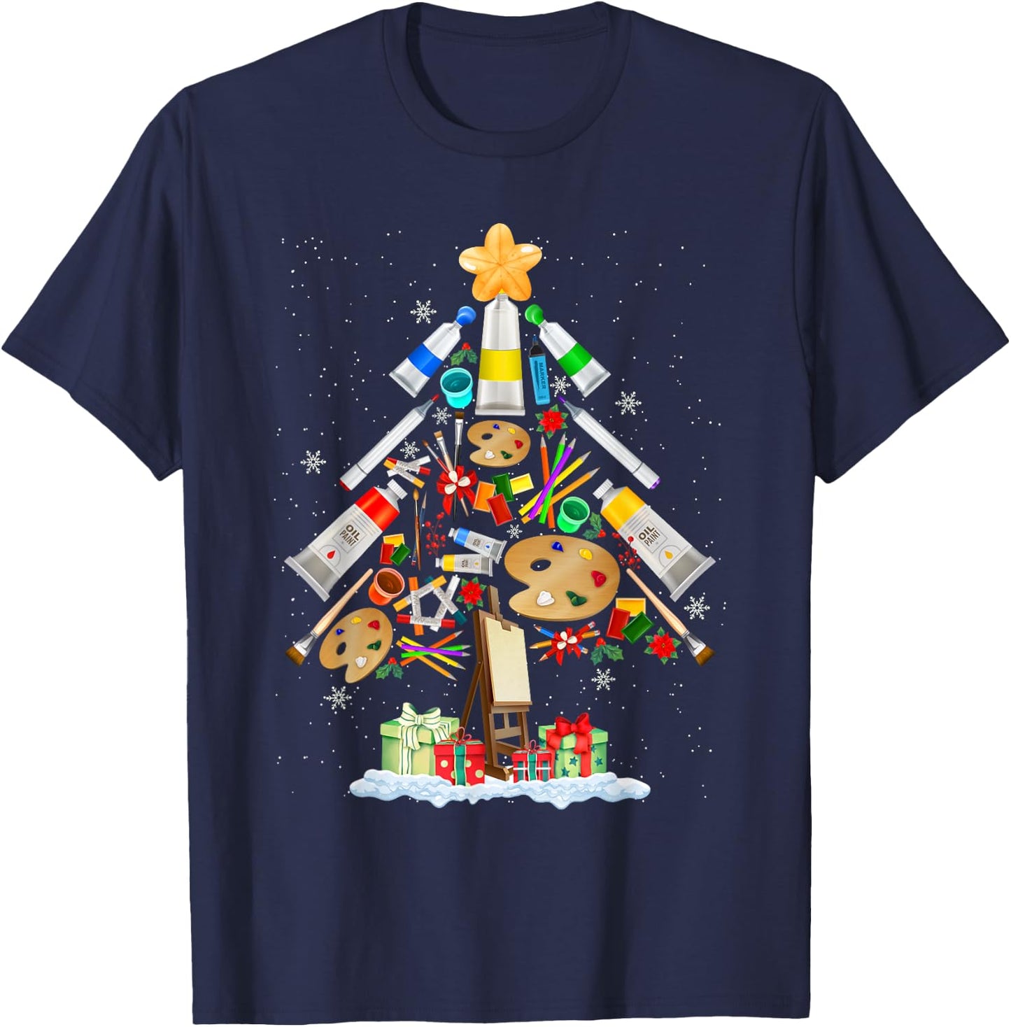 Art Christmas Tree Merry Christmas Artist Art Teacher T-Shirt - T-Shirt | Navy
