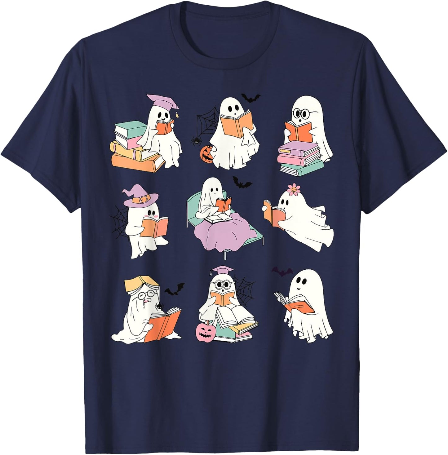 Funny Ghost Book Reading Halloween Books Lover Teacher Kids T-Shirt - T-Shirt | Navy