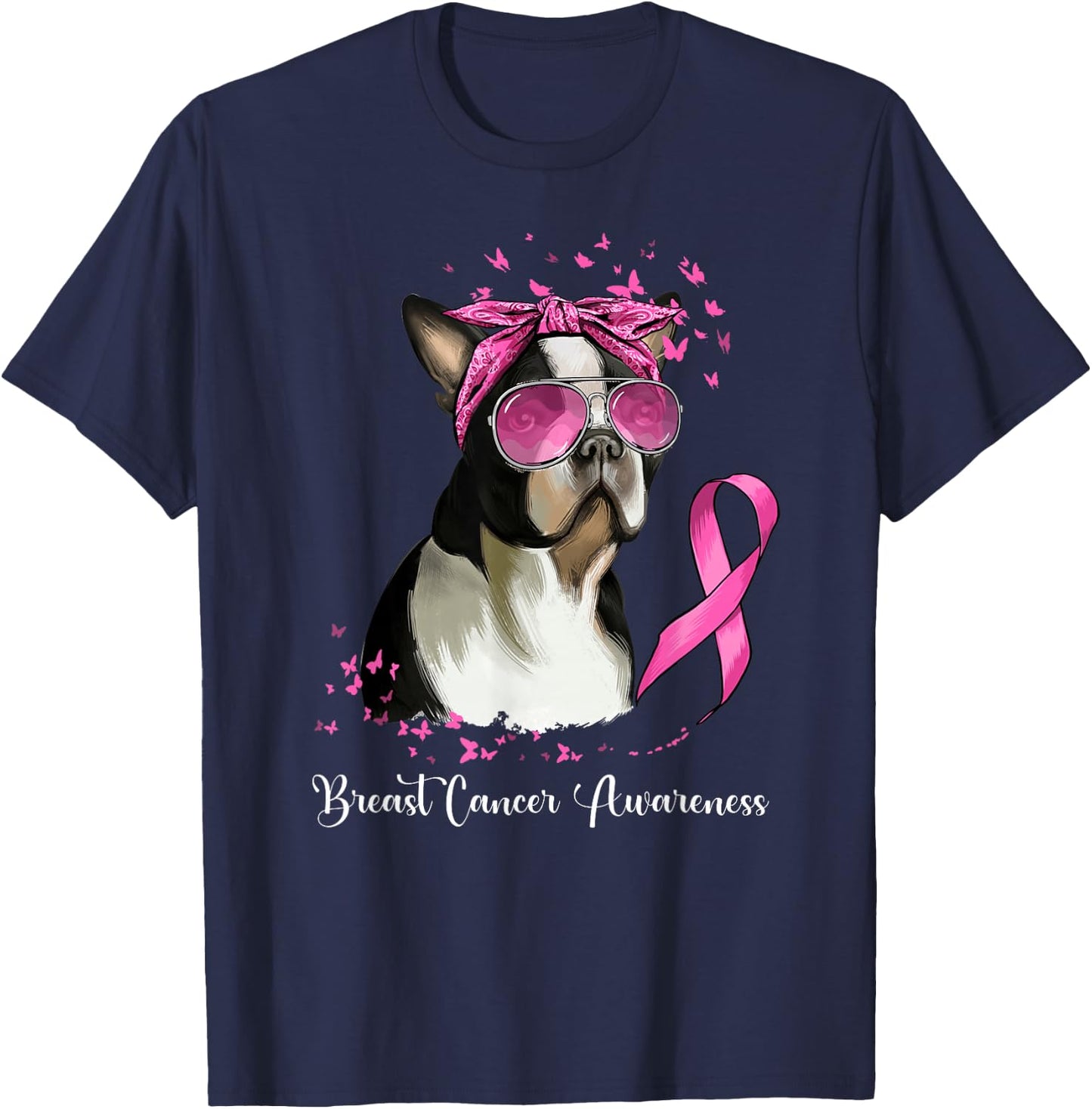 Boston Terrier Dog Lover Pink Ribbon Breast Cancer Awareness T-Shirt - T-Shirt | Navy