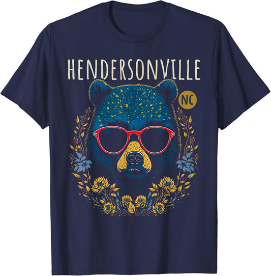 Hendersonville NC Fun Bear Wearing Glasses Flowers Design T-Shirt - T-Shirt | Navy