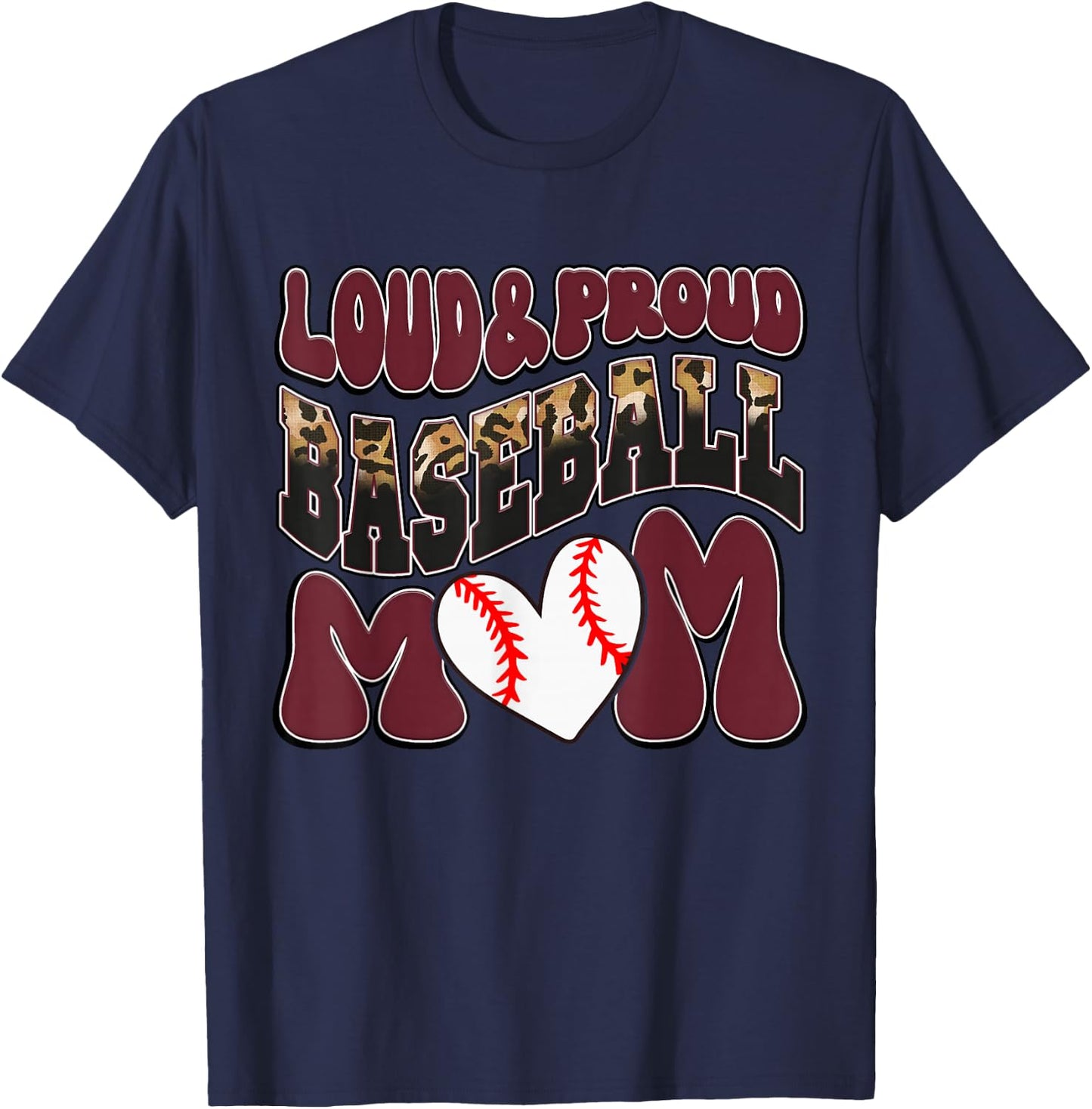 Loud Proud Baseball Mom Maroon Team Leopard Baseball Mom T-Shirt - T-Shirt | Navy