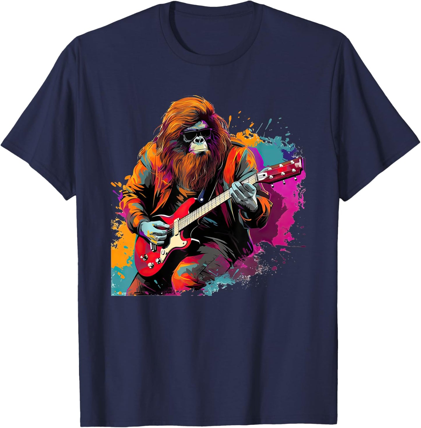 Bigfoot Guitarist Sasquatch Musician Colorful Rock Star T-Shirt - T-Shirt | Navy