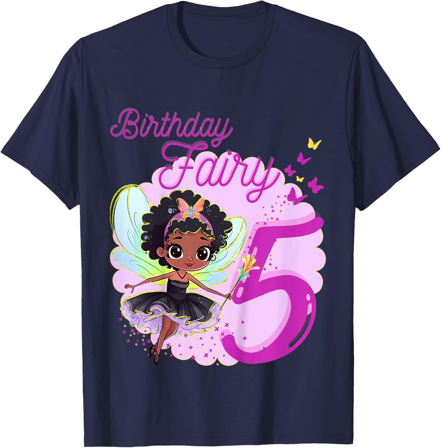 Magical Black Fairy Party Theme 5th Birthday | 5 Years Old T-Shirt - T-Shirt | Navy
