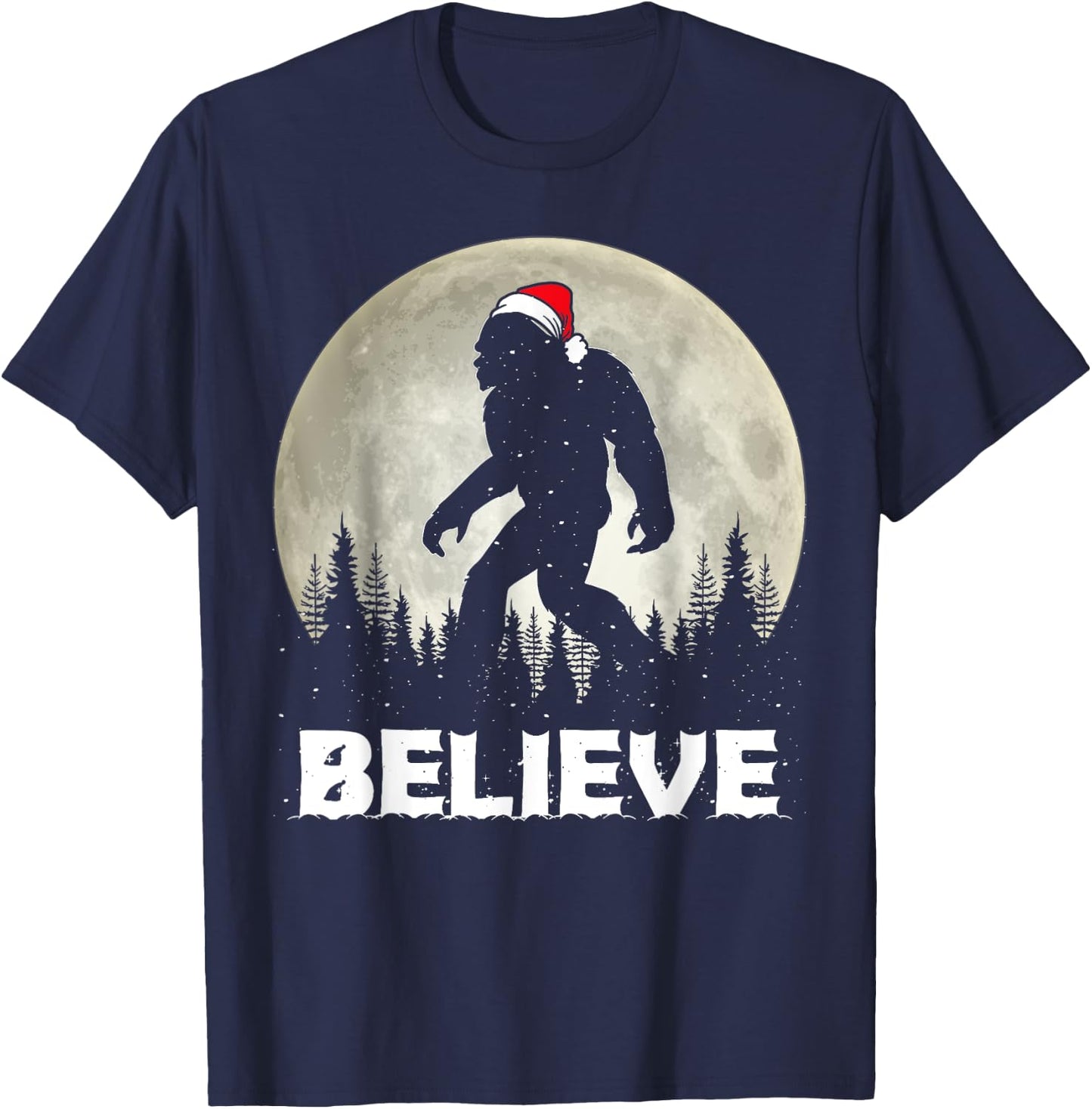 Santa Hat Bigfoot Believe Christmas Lights Rock Sasquatch T-Shirt - T-Shirt | Navy