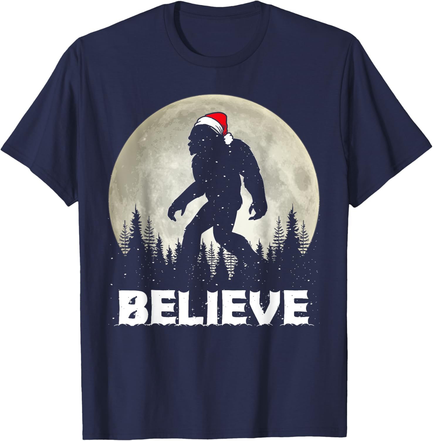 Santa Hat Bigfoot Believe Christmas Lights Rock Sasquatch T-Shirt - T-Shirt | Navy