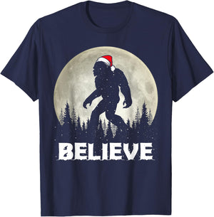 Santa Hat Bigfoot Believe Christmas Lights Rock Sasquatch T-Shirt - T-Shirt | Navy