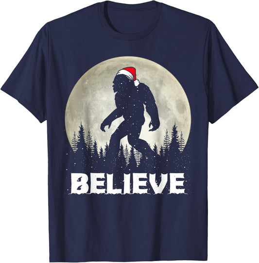 Santa Hat Bigfoot Believe Christmas Lights Rock Sasquatch T-Shirt - T-Shirt | Navy