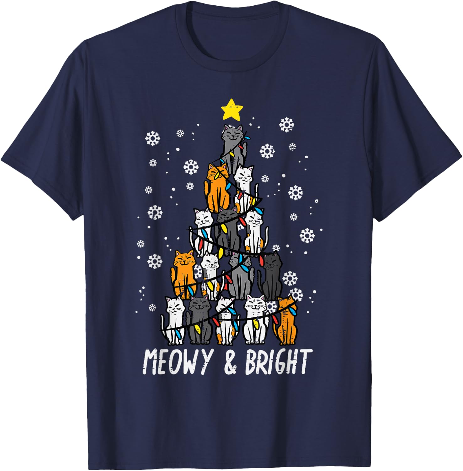 Cats Christmas Tree Meowy Bright Cute Xmas Girls Kids Women T-Shirt - T-Shirt | Navy