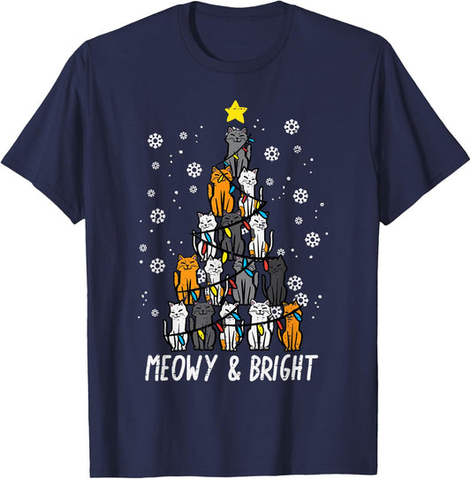 Cats Christmas Tree Meowy Bright Cute Xmas Girls Kids Women T-Shirt - T-Shirt | Navy