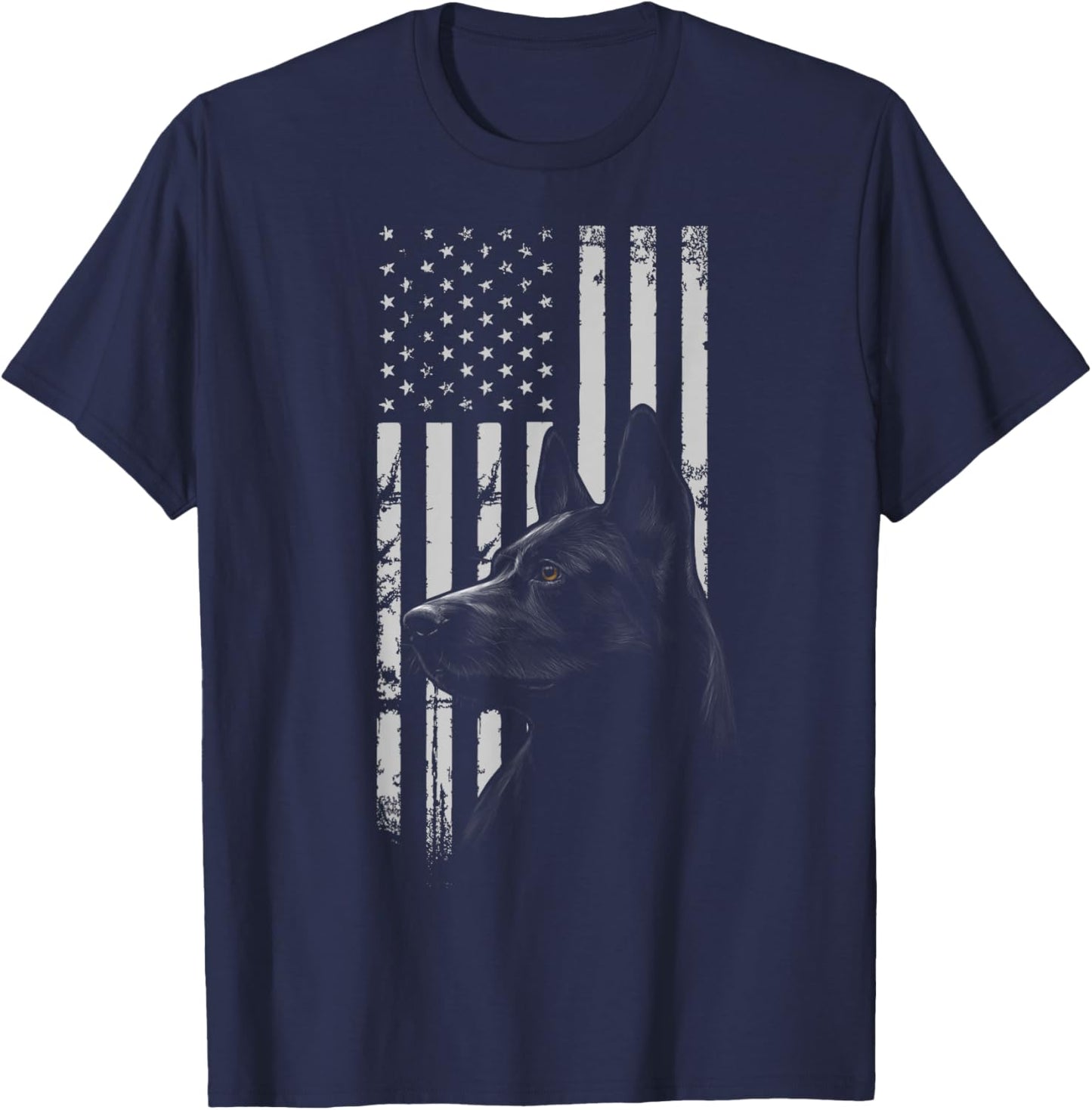 Black German Shepherd American Flag USA Flag T-Shirt - T-Shirt | Navy