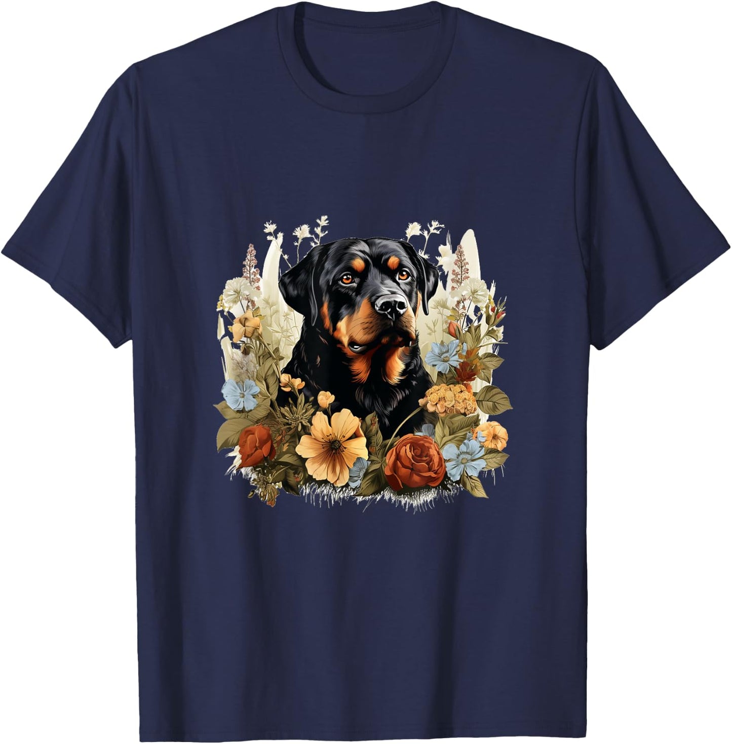 Rottweiler Dog With Flowers Vintage Pastel Floral Border Men Women Kids T-Shirt - T-Shirt | Navy