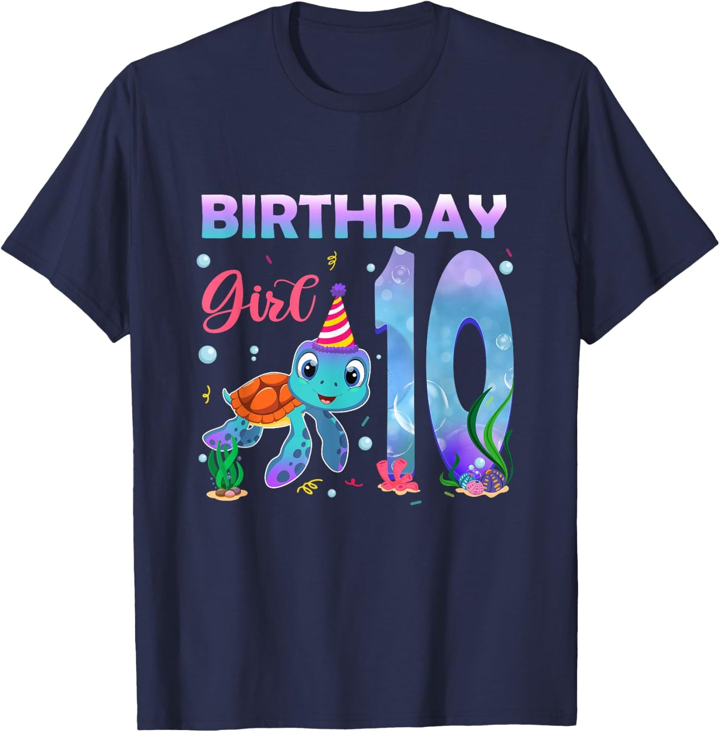 10th Birthday Girls Sea Turtle 10 Year Old Ocean Aquarium T-Shirt - T-Shirt | Navy