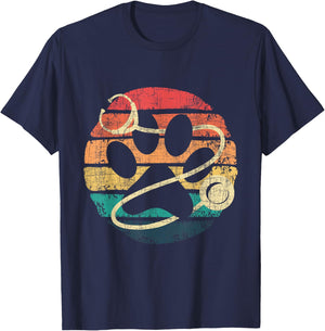 Retro Stethoscope - Dog Paw Print Veterinarian Veterinary Men Women T-Shirt - T-Shirt | Navy