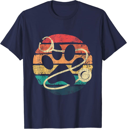 Retro Stethoscope - Dog Paw Print Veterinarian Veterinary Men Women T-Shirt - T-Shirt | Navy