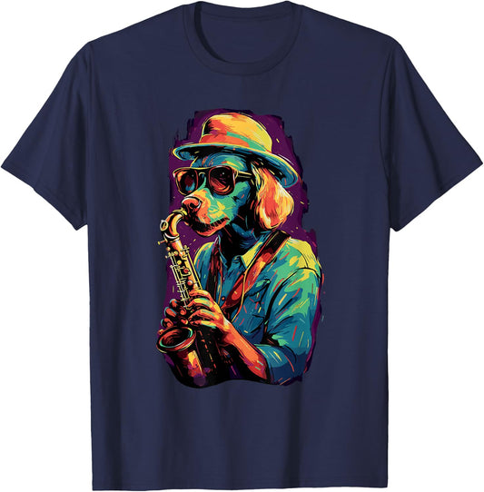 Dog With Saxophone Dog Playing Saxophone T-Shirt - T-Shirt | Navy