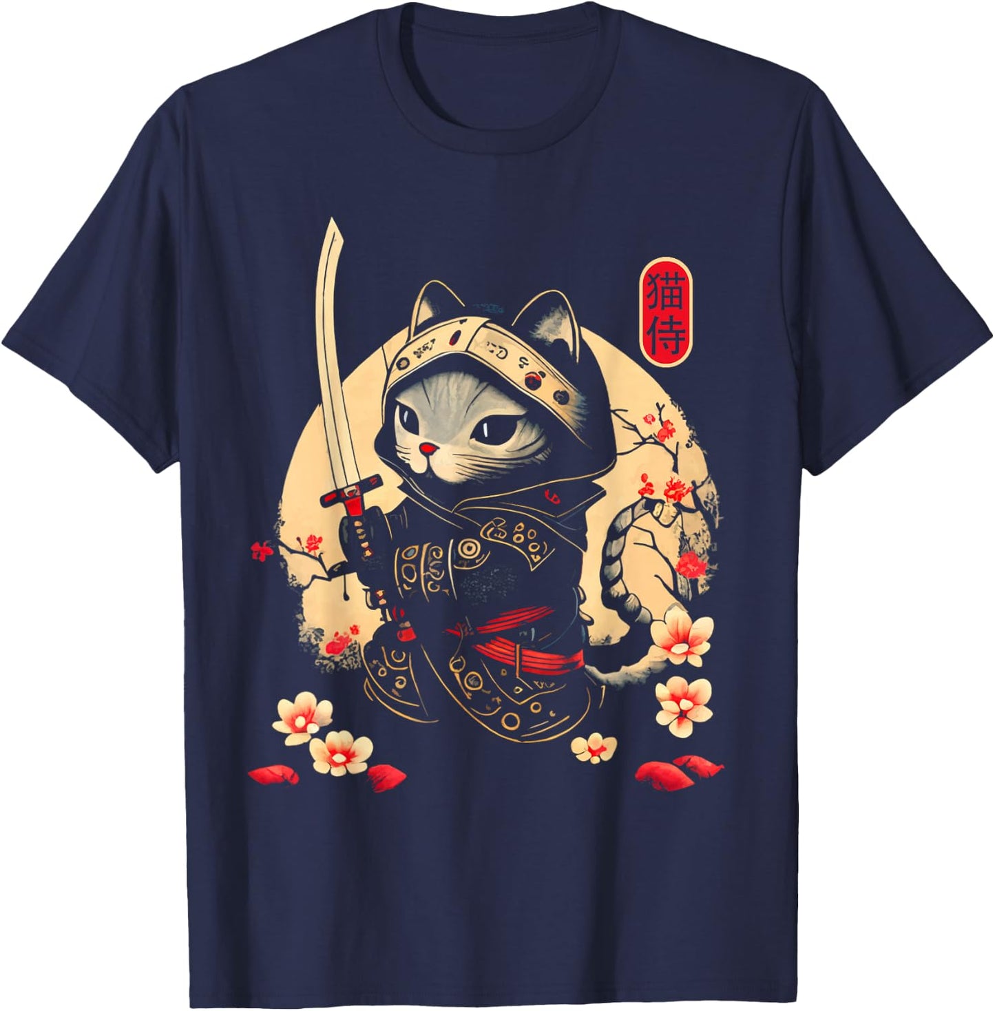 Japanese Samurai Cat Tattoo, Kawaii Ninja Cat T-Shirt - T-Shirt | Navy
