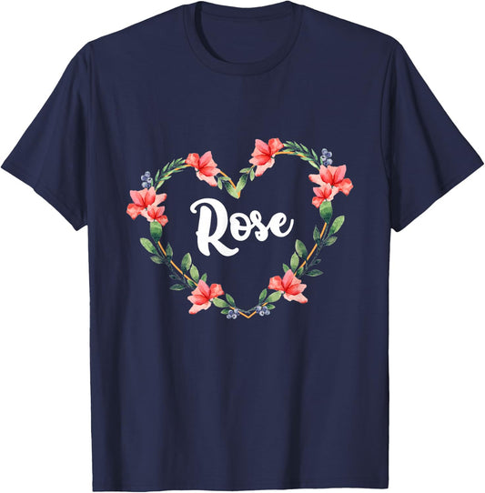 Rose Flower Heart Personalized Name Rose T-Shirt - T-Shirt | Navy