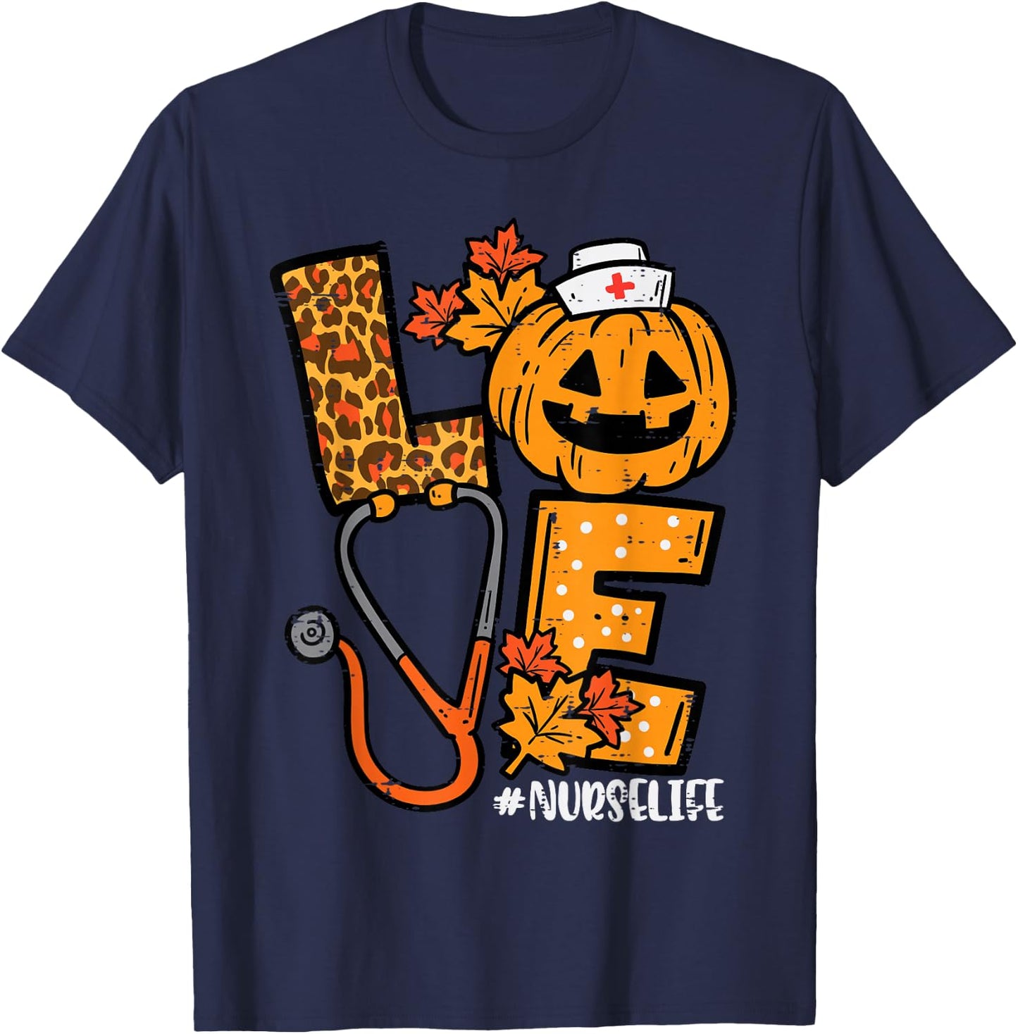 Leopard Pumpkin Nurse Halloween Costume Fall Scrub Top Women T-Shirt - T-Shirt | Navy