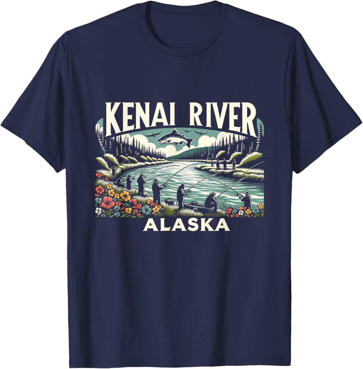 Kenai River Alaska AK Salmon Fishing Nature Lovers Retro T-Shirt - T-Shirt | Navy