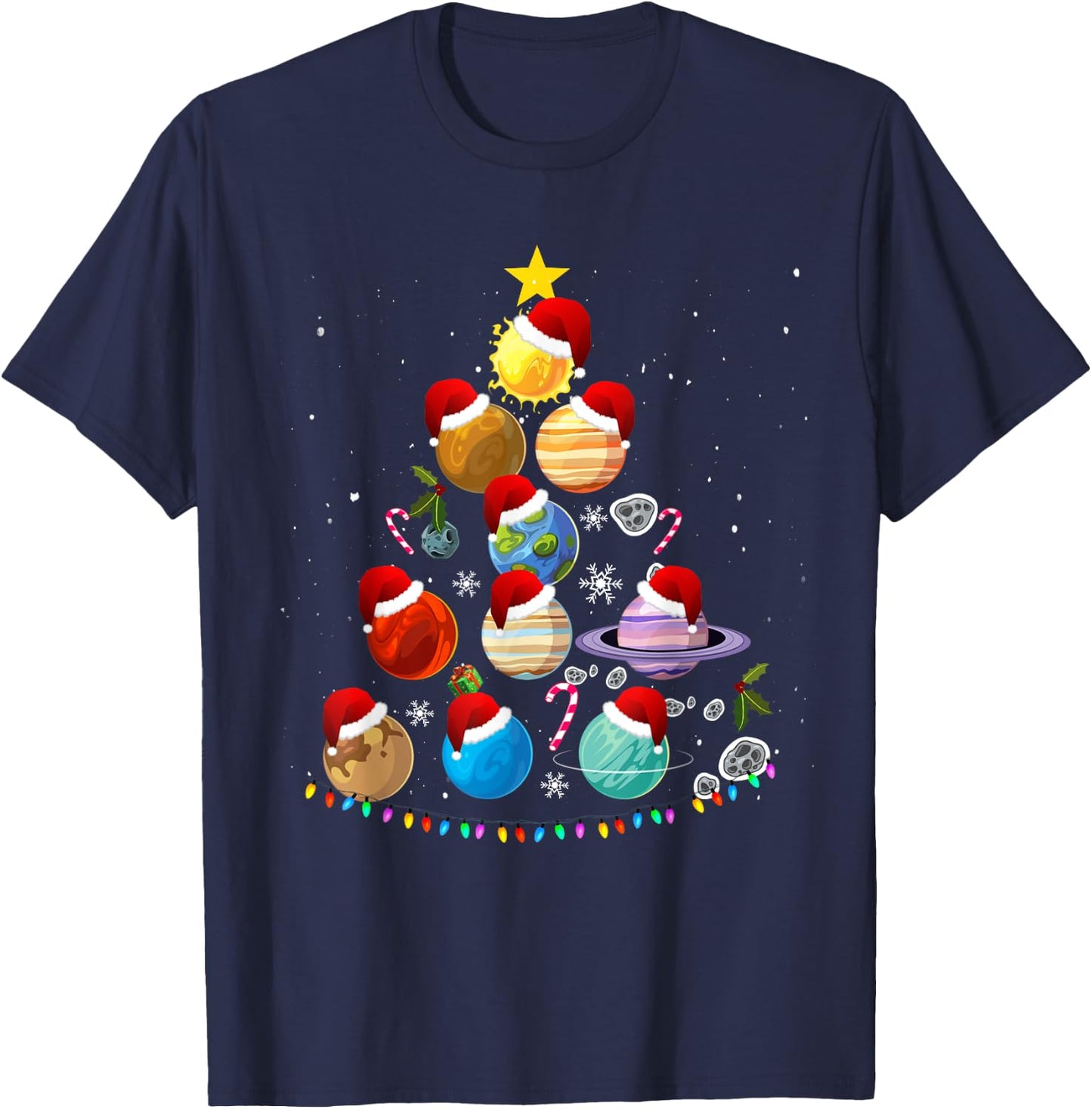 Funny Solar System Space Planets Tree Christmas Pajama Xmas T-Shirt - T-Shirt | Navy