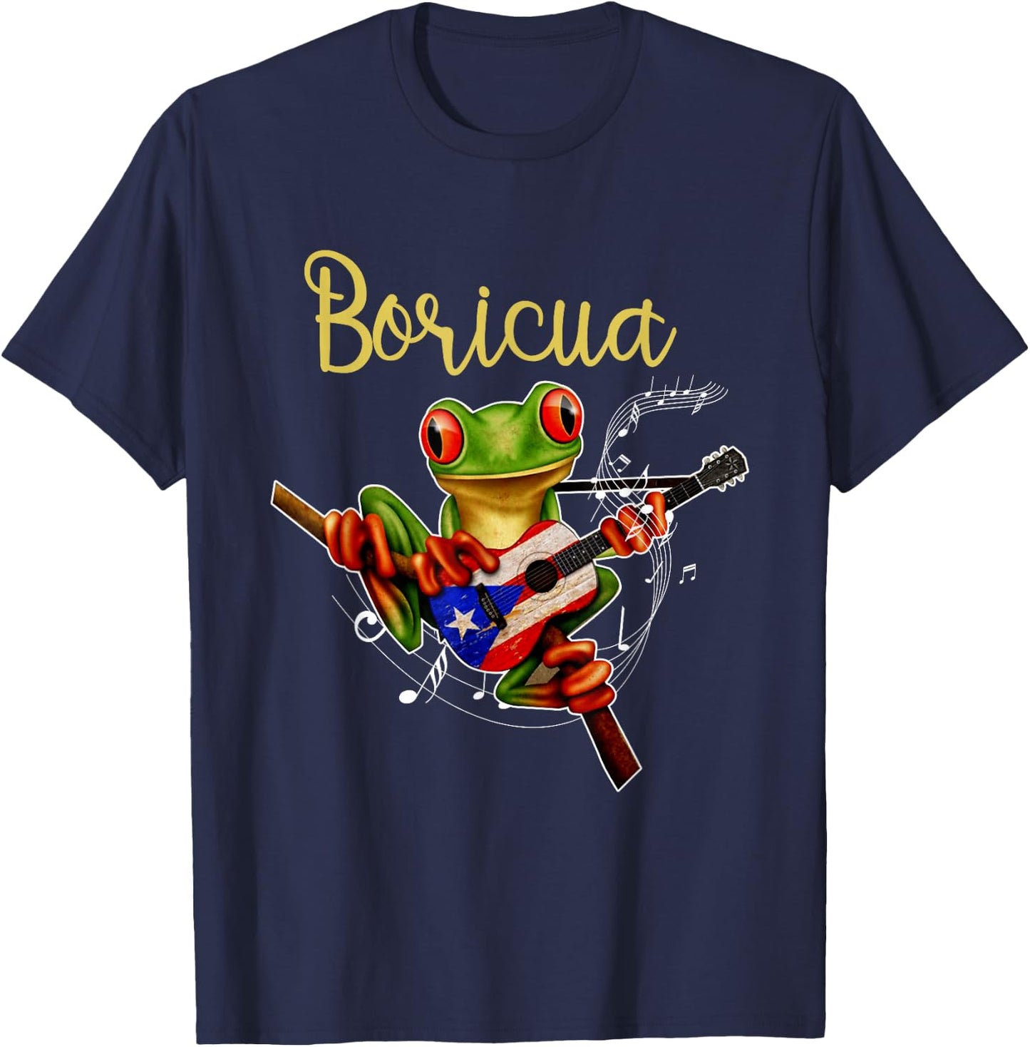 Puerto Rico Coqui Frog Playing Guitar Puerto Rican Boricua T-Shirt - T-Shirt | Navy
