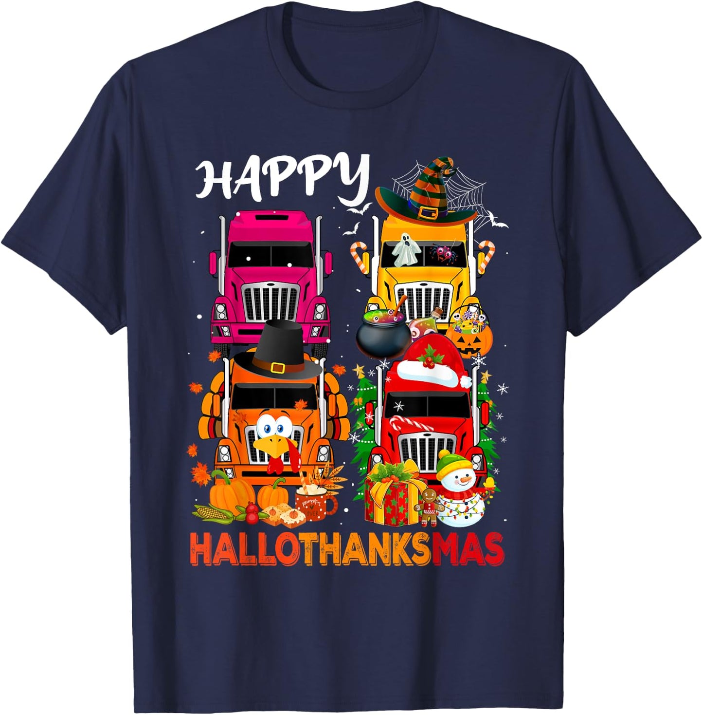 Witch Turkey Santa Trucks Truckers Happy HalloThanksMas Men T-Shirt - T-Shirt | Navy