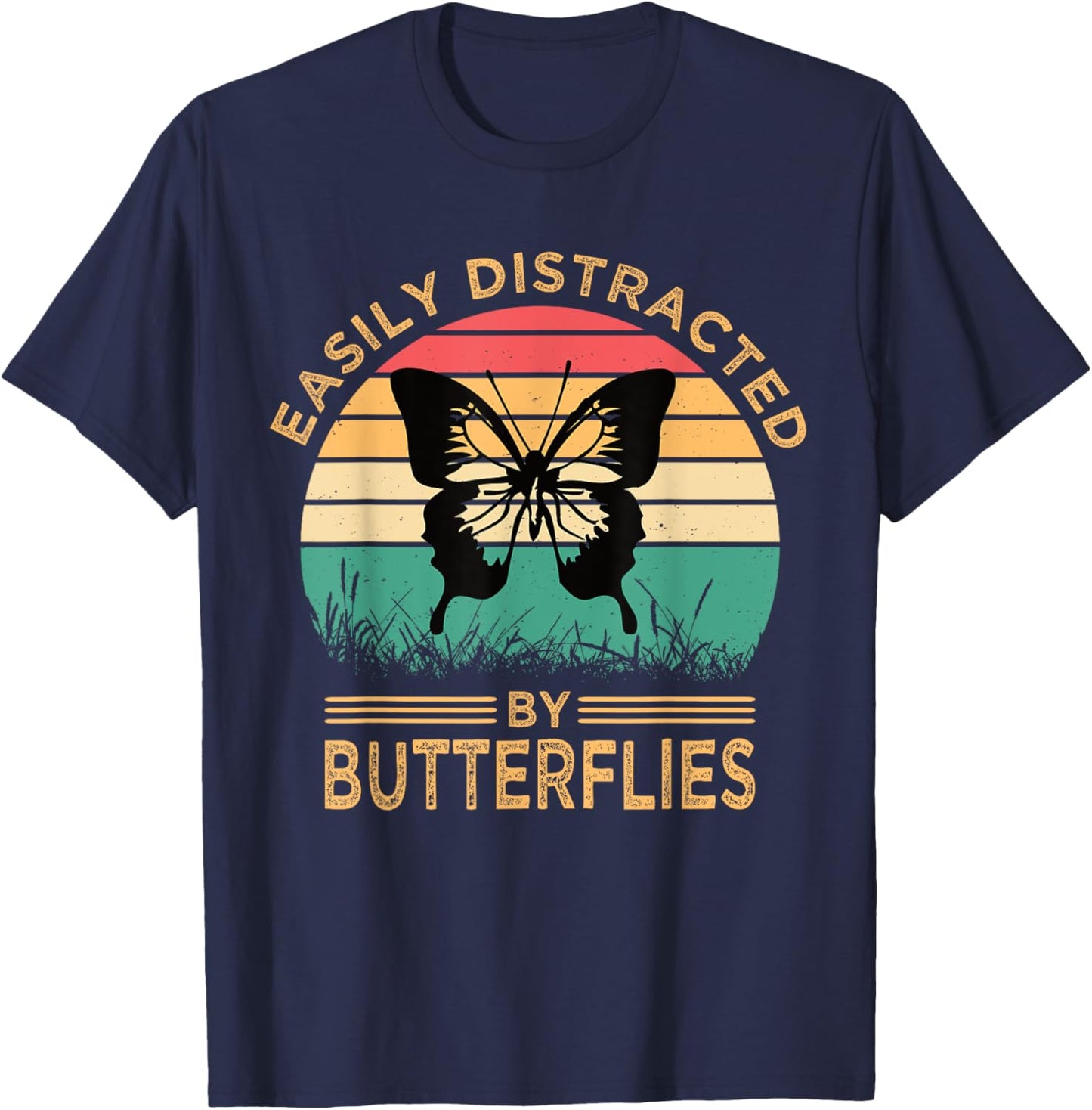 Easily Distracted By Butterflies Vintage Funny Butterfly T-Shirt - T-Shirt | Navy