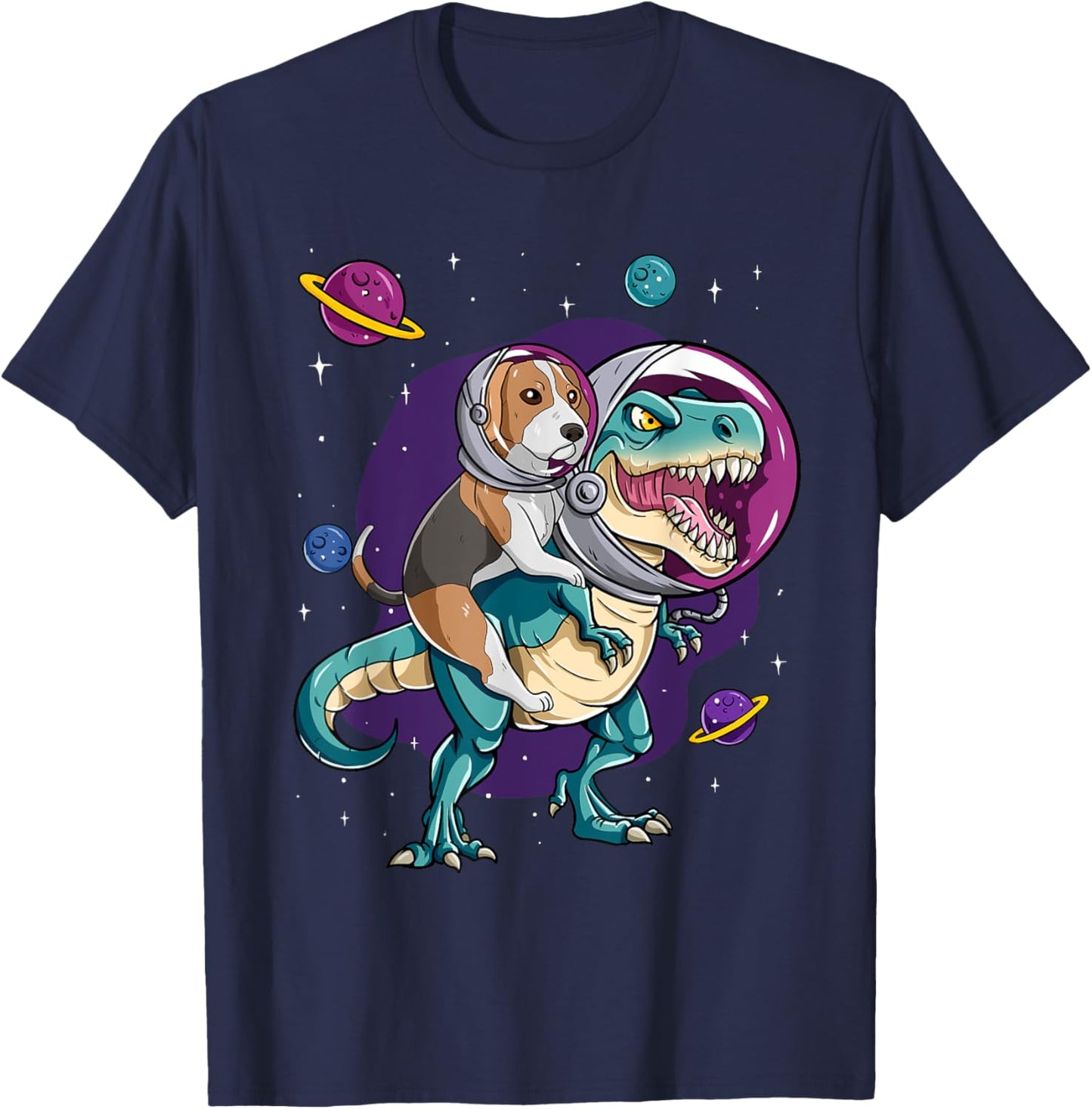 Dinosaur T Rex Space Planets Sparkles Beagle T-Shirt - T-Shirt | Navy