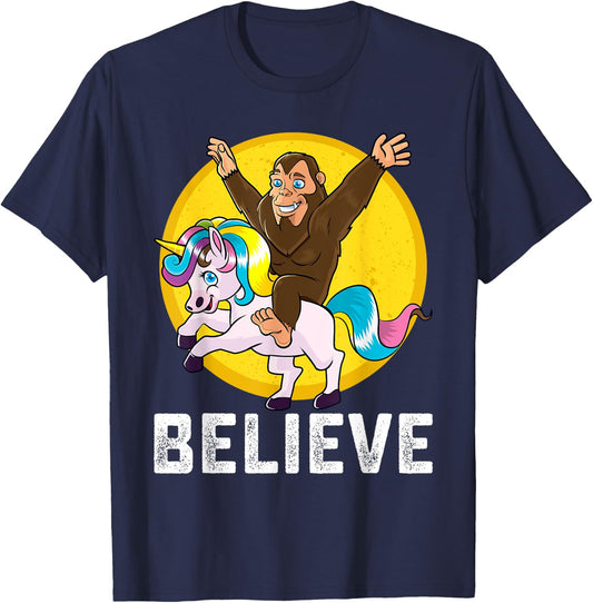 BigFoot Riding Unicorn Believe Sasquatch Men Women Kids T-Shirt - T-Shirt | Navy