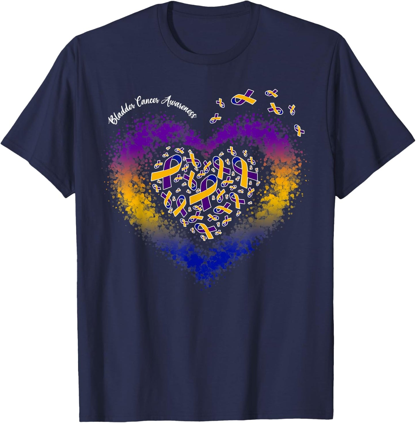 Marigold Blue & Purple Ribbon Heart Bladder Cancer Awareness T-Shirt - T-Shirt | Navy