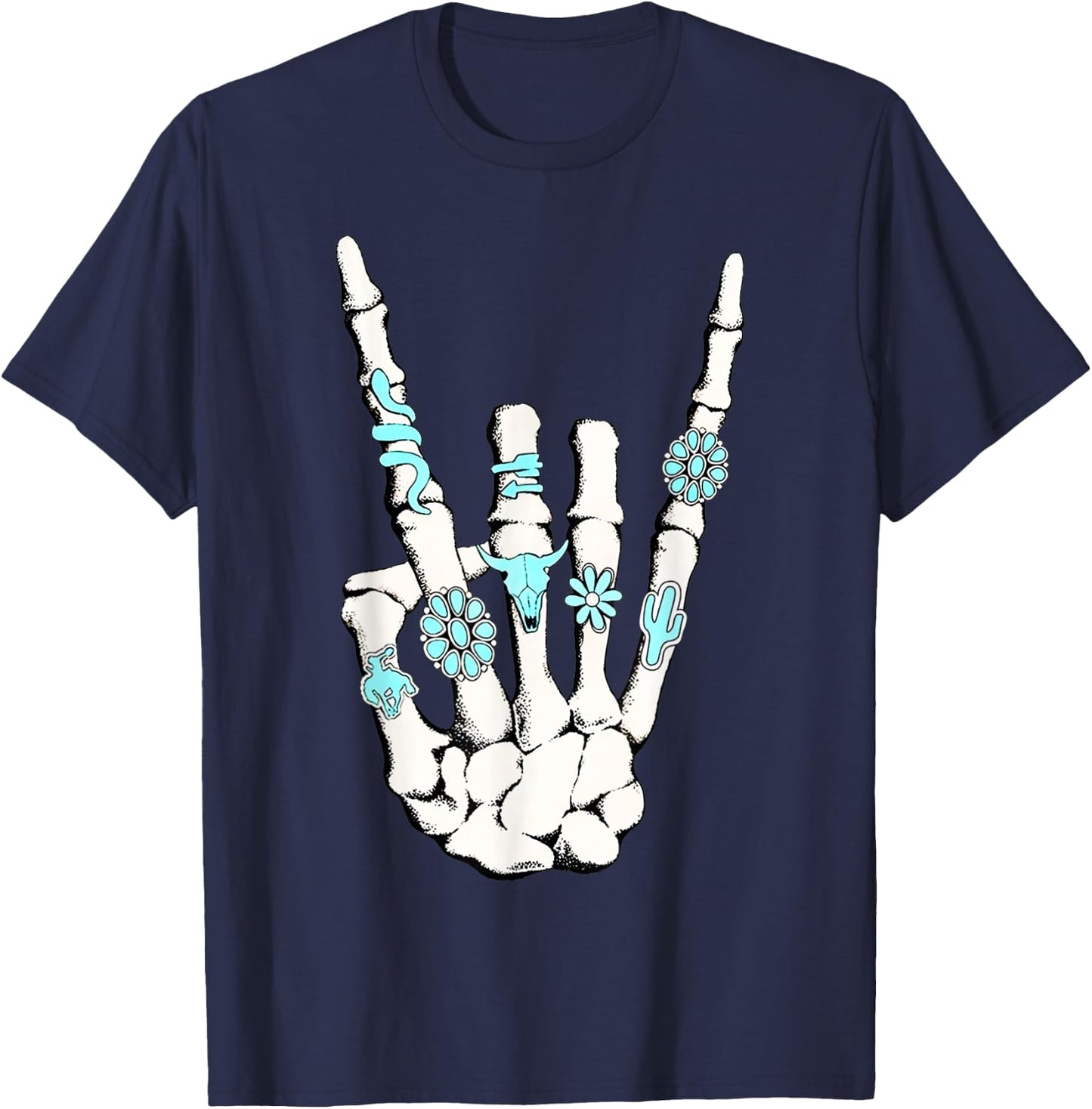 Skeleton with Turquoise Hand Western Skeleton Rings Lover T-Shirt - T-Shirt | Navy