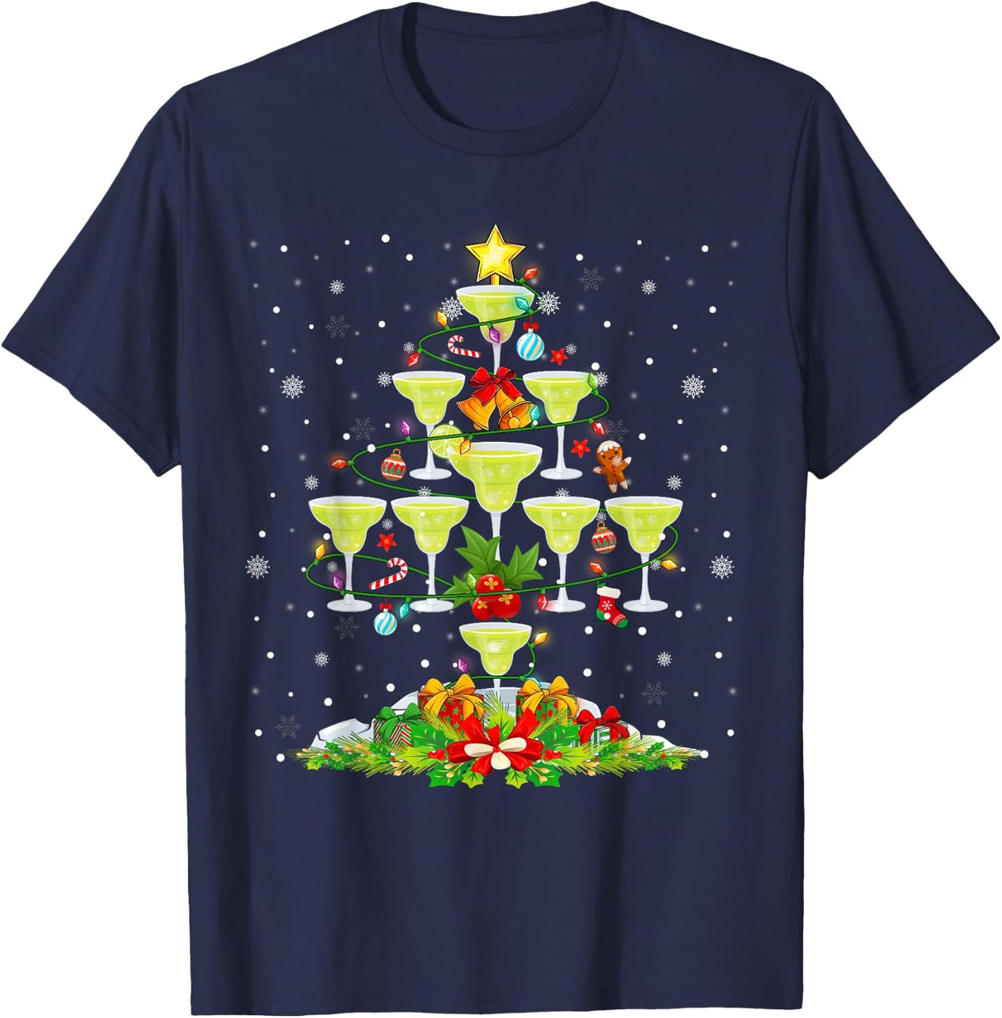Glasses Of Margarita Christmas Tree Lights Ornaments Xmas T-Shirt - T-Shirt | Navy