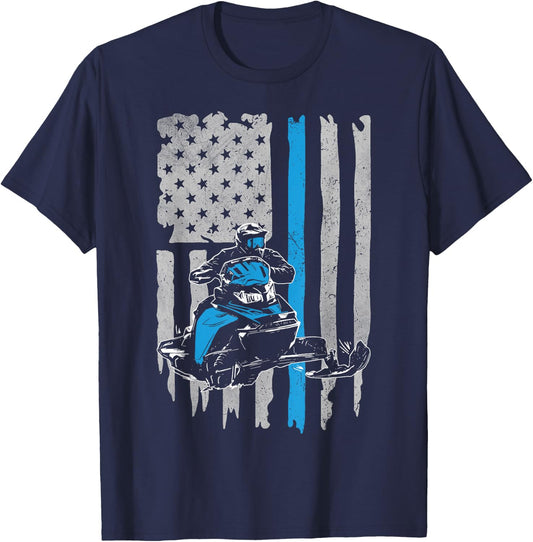 Snowmobile American Flag Vintage Snowmobile Riding T-Shirt - T-Shirt | Navy