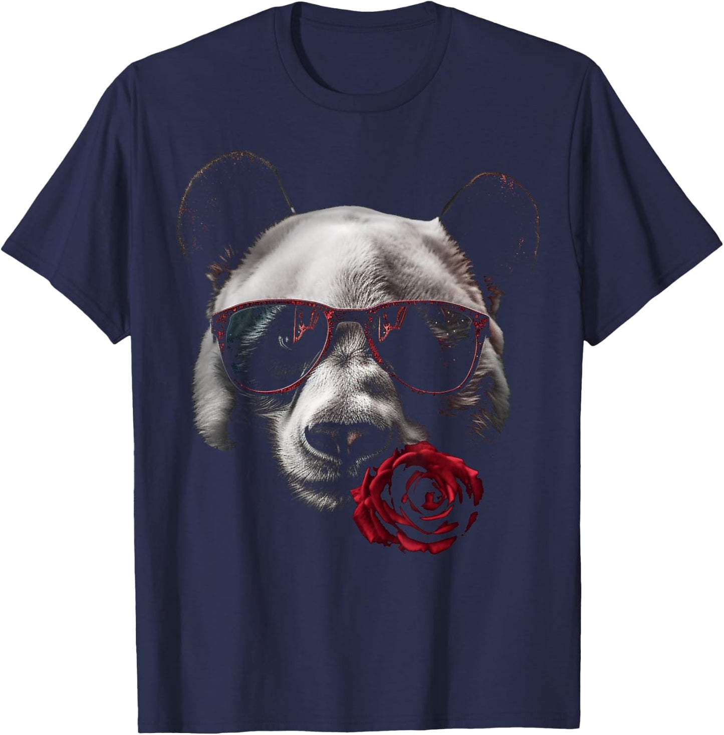 Panda Sunglasses Rose Artwork | Flowers Animal Panda T-Shirt - T-Shirt | Navy