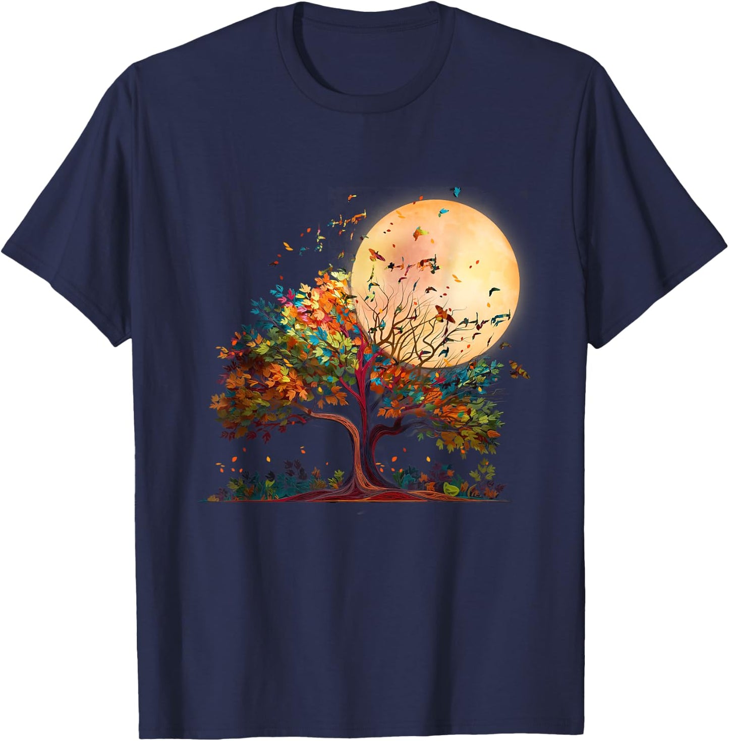Full Moon Flock Of Birds Tree Outdoor Wildlife Nature Forest T-Shirt - T-Shirt | Navy