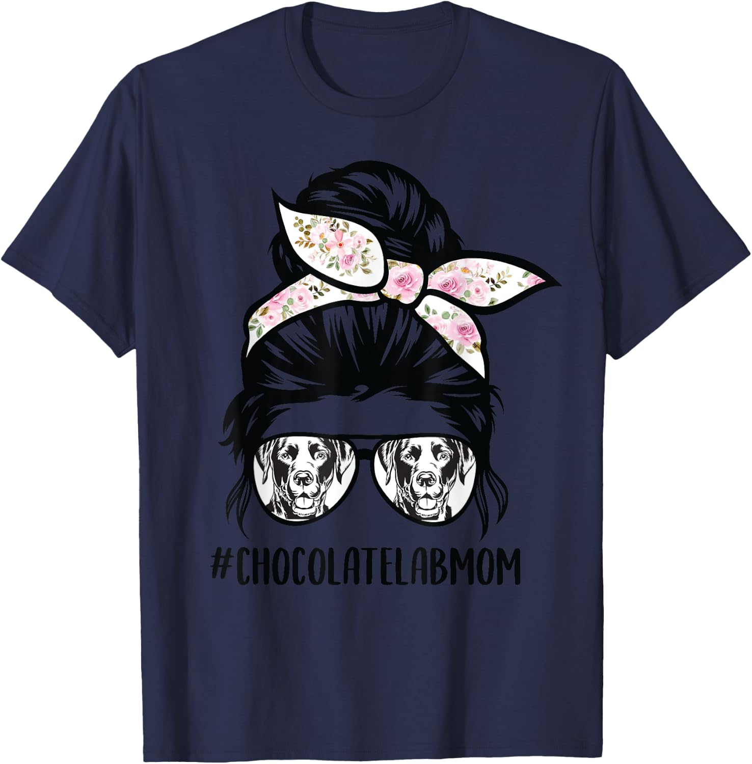 Chocolate Lab mom messy bun hair glasses T-Shirt - T-Shirt | Navy
