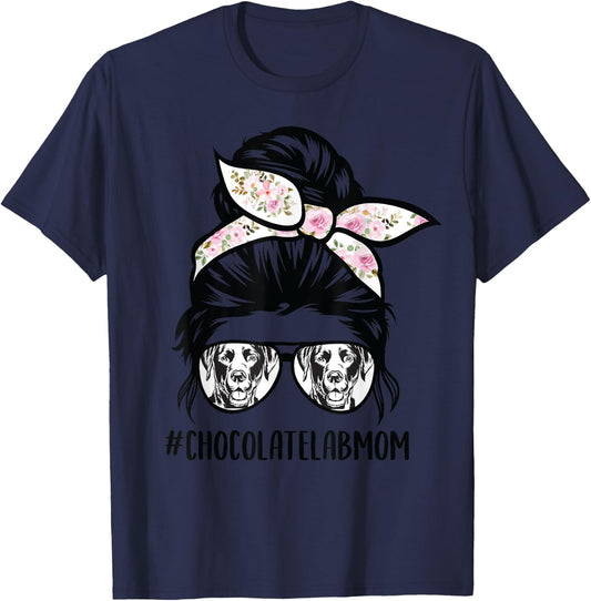 Chocolate Lab mom messy bun hair glasses T-Shirt - T-Shirt | Navy