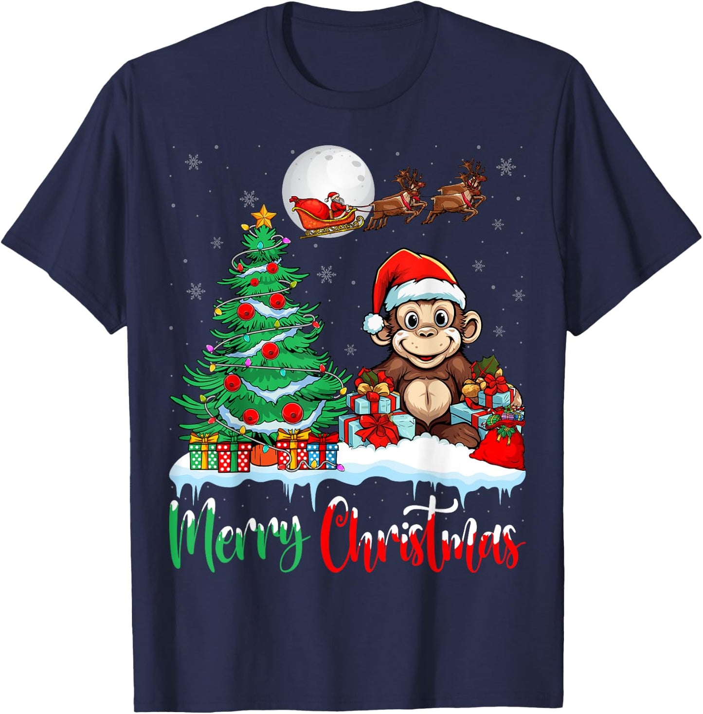 Monkey Santa Hat Xmas Lights Merry Christmas Monkey T-Shirt - T-Shirt | Navy