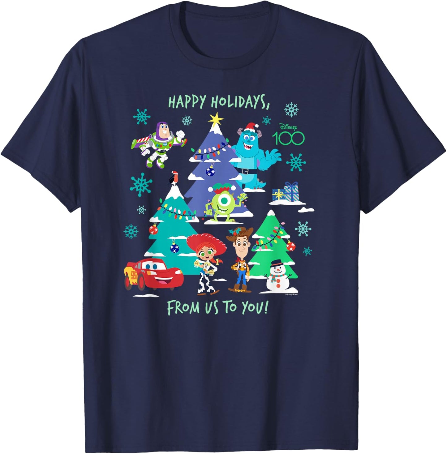 Disney 100 and Pixar Christmas Happy Holidays from Us to You T-Shirt - T-Shirt | Navy