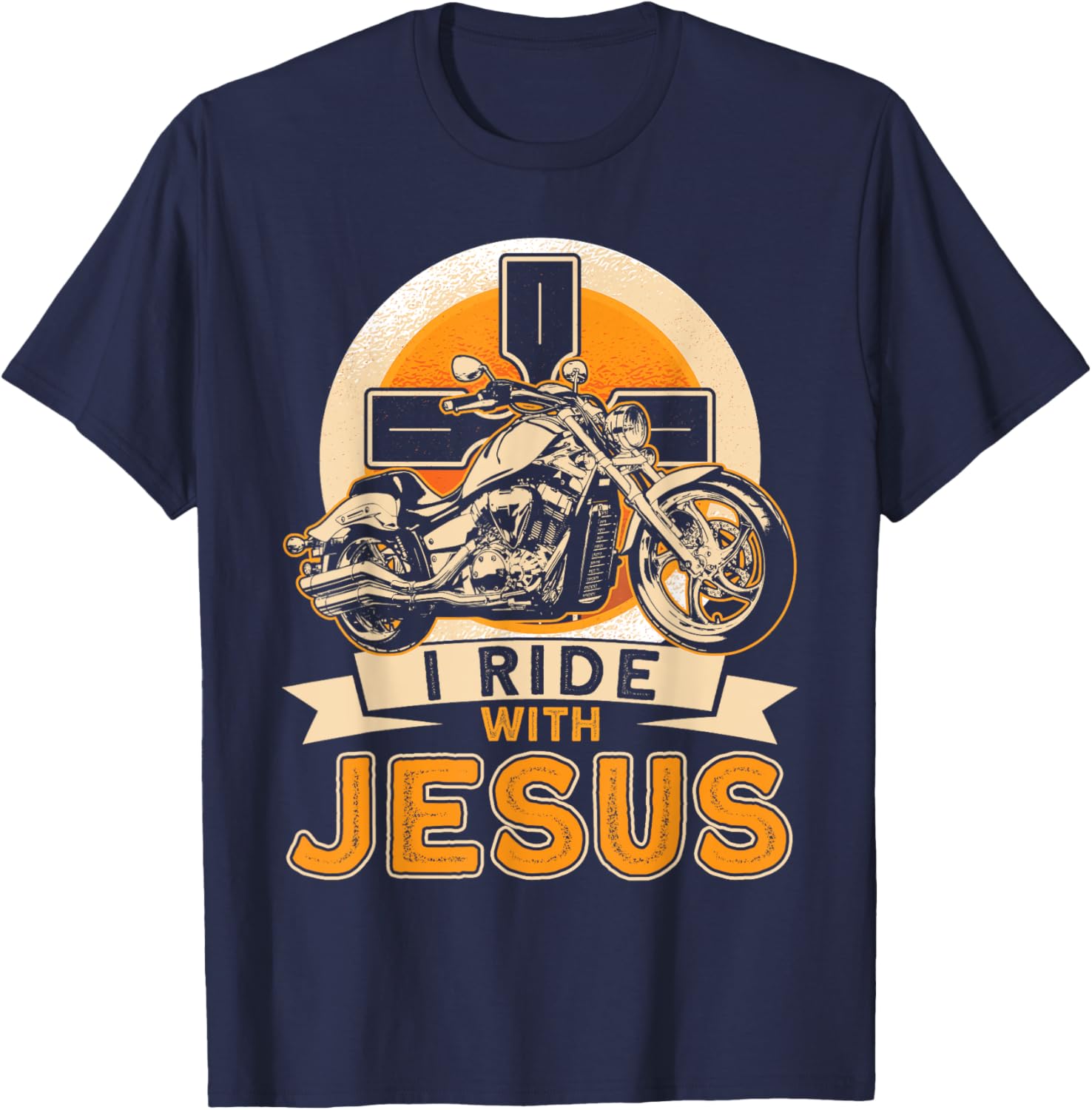 Christian Motorcycle Biker I Ride With Jesus Faith T-Shirt - T-Shirt | Navy