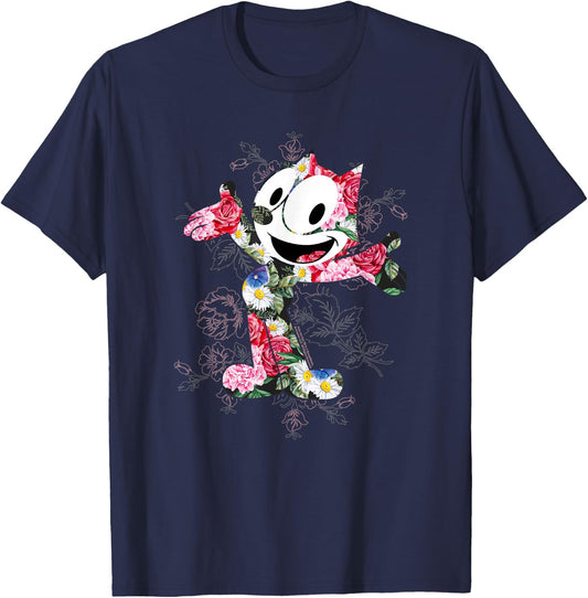 Felix the Cat Floral Fill - -Adults - Black - Short Sleeve - Small/M - Classic Fit - Cotton 60% Polyester 40% T-Shirt - T-Shirt | Navy