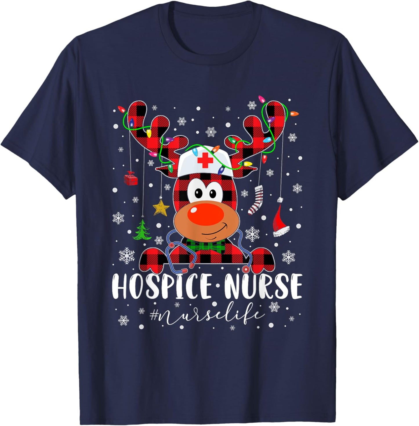 Love Hospice Nurse Life Reindeer Nurse Christmas Pajama T-Shirt - T-Shirt | Navy
